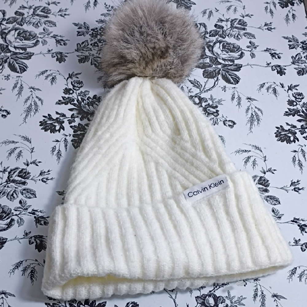 Calvin Klein Kids' Cream Knit Beanie with Pom-Pom